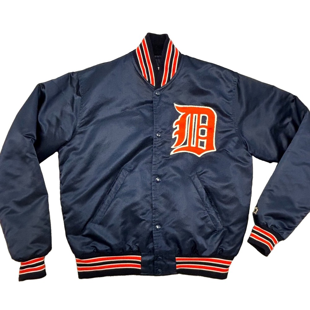 Vintage Detroit Tigers Starter Satin Baseball Jacket Size Medium Blue MLB 90's
